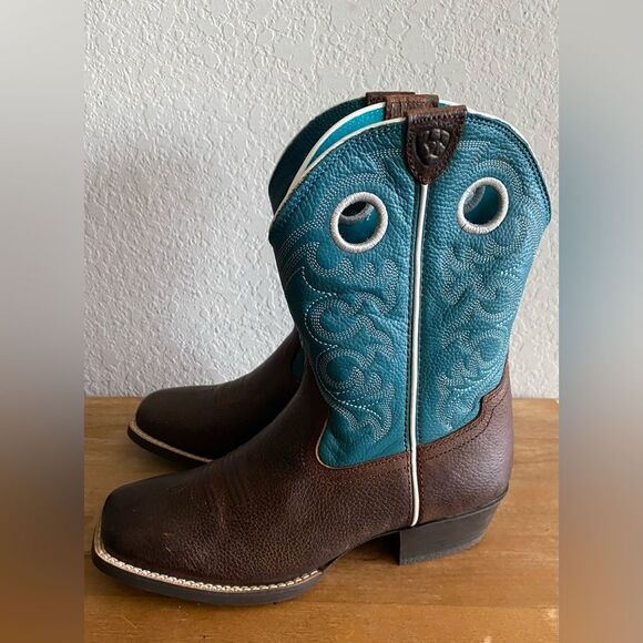Kid's Boy Ariat Crossfire Square Toe Turqouise Brown Boots  Size 4 Western - Picture 4 of 14